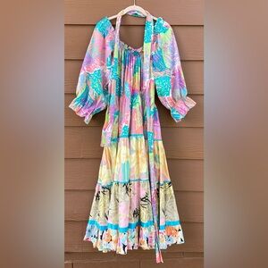 Anna Konya Vintage Flowy Colorful Unique Bright Ball Sleeve Long Dress One Size